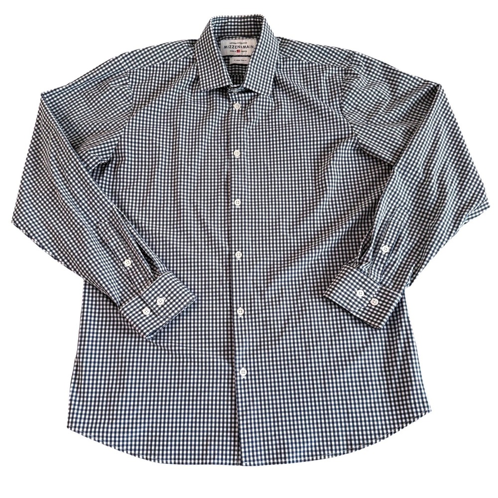 Mizzen+Main XL Trim Fit Blue White Gingham Men's Leeward Collection Dress Shirt - Picture 2 of 10
